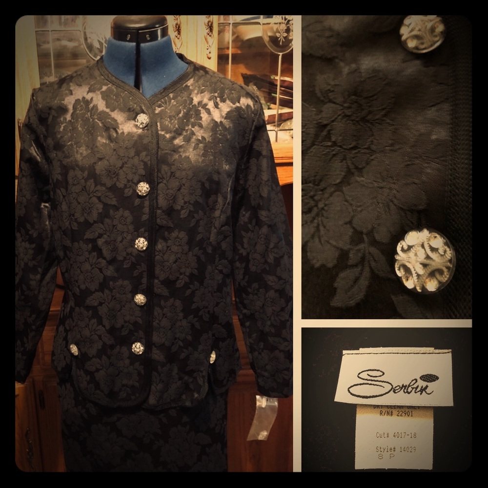 Brocade Suit—Jacket & Skirt; Rhinestone Buttons